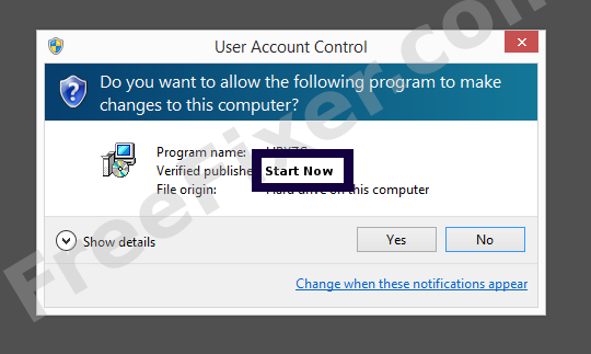 Screenshot where Start Now appears as the verified publisher in the UAC dialog